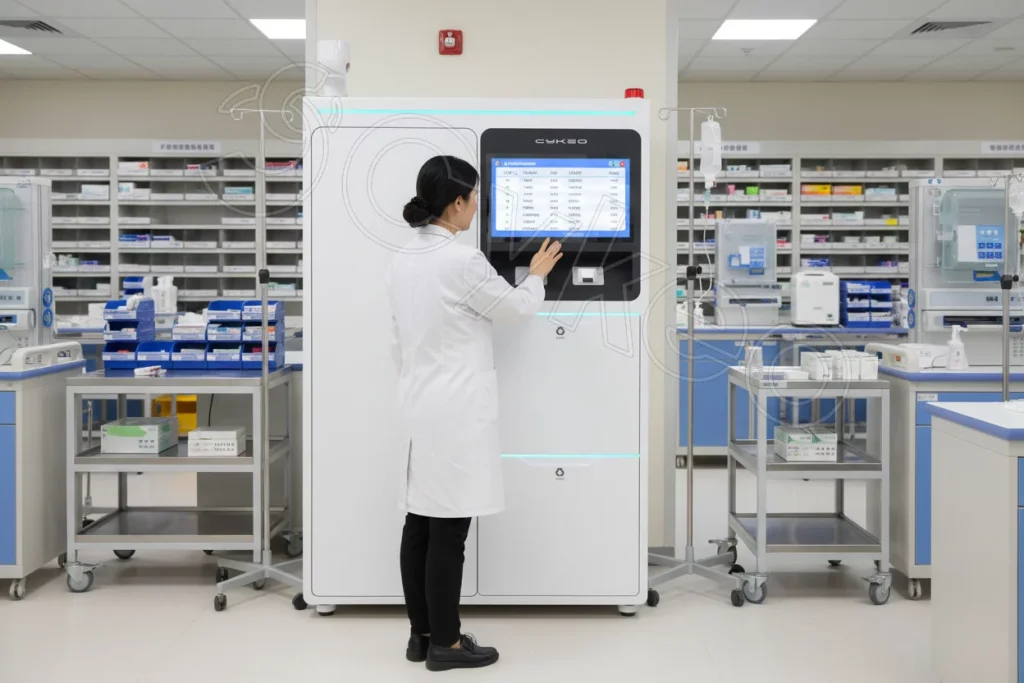 医师在FTNG-L-CK-02芬太尼智能柜前操作触摸屏，柜体双门设计，高度接近吊顶