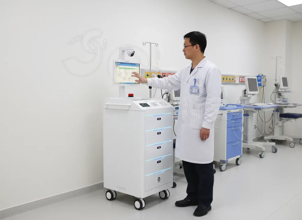 医生在FTNG-T-CK-03芬太尼智能柜前操作触摸屏，柜体靠近工作台，适用于急诊或手术室