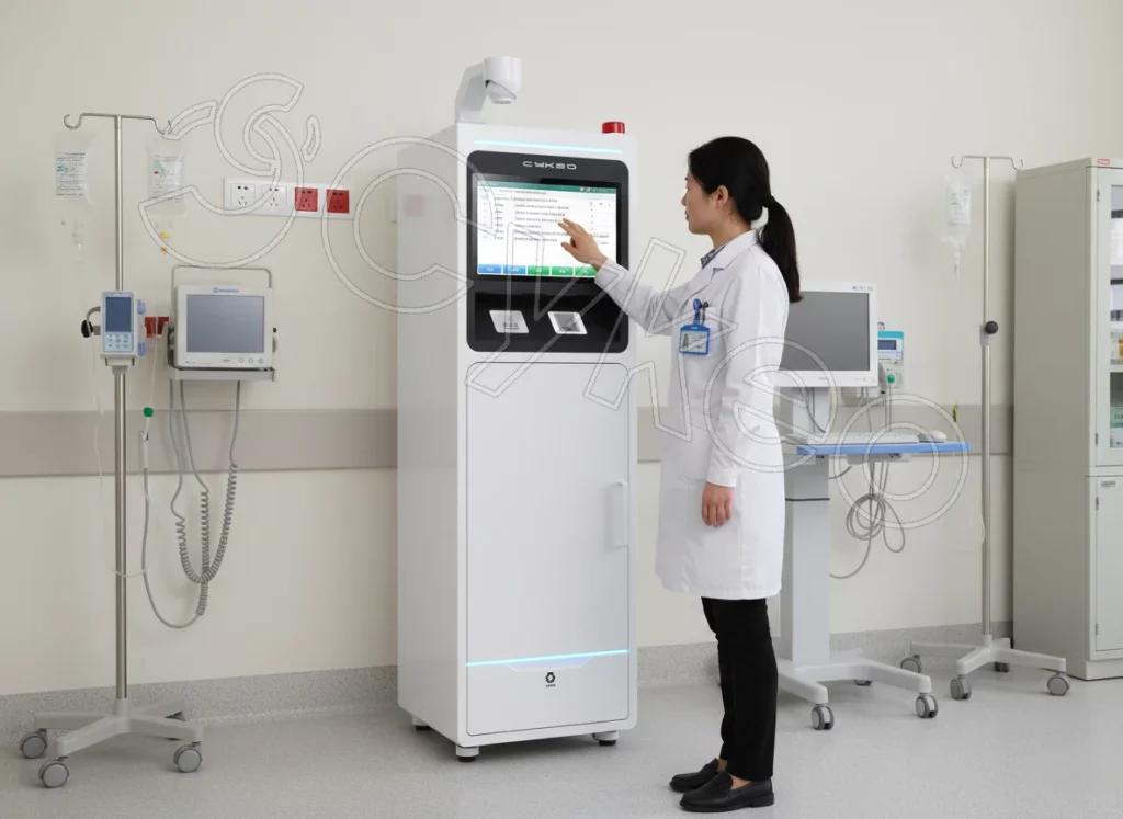 医生在FTNG-L-CK-01芬太尼智能柜前操作触摸屏，柜门关闭，场景为医院科室